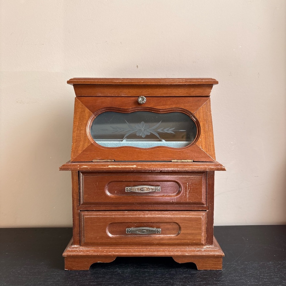 Vintage Jewelry Box with Floral Glass Detail